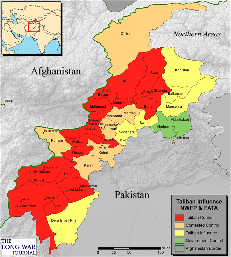  2008 map of Pakistan with areas held by the Taliban highlighted