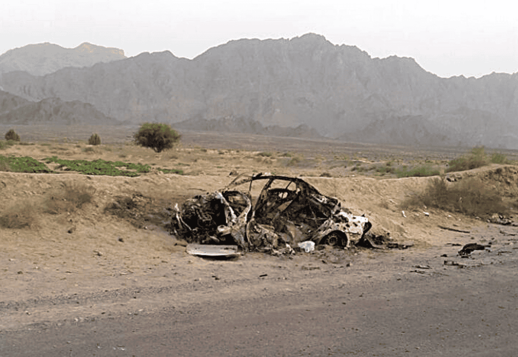 Vehicle said to be carrying Taliban emir Mullah Mansour when he was killed in a drone strike on May 21 in the Pakistani province of Baluchistan. (Associated Press photo)