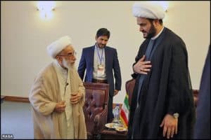 Ayatollah Ahmad Jannati, chairman of the Assembly of Experts, meeting Akram al Kabi on Aug. 28. 