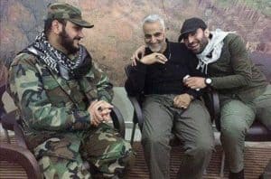 IRGC-QF chief Qassem Soleimani, middle, with Harakat al Nujaba head Akram al Kabi, left, and AAH commander Mohammad-Bagher Soleimani, right, in Aleppo, Syria, November 2015. 