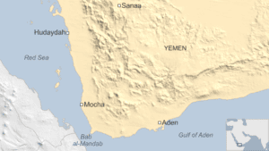 Map of the Mandab Strait and Mocha port. Credit: BBC