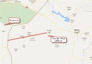 IRGC-affiliated Fars News Agency's map on the PMF's zone of operation from the renamed "Martyr Jassim Shebir" airport to the Syrian border. 