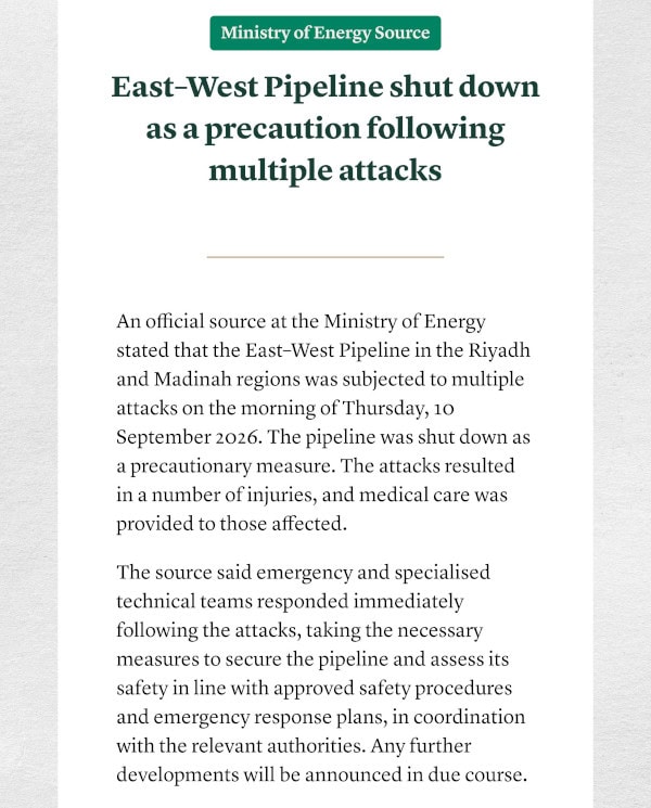 Saudi Arabia closes its East-West pipeline after attacks from Iraq